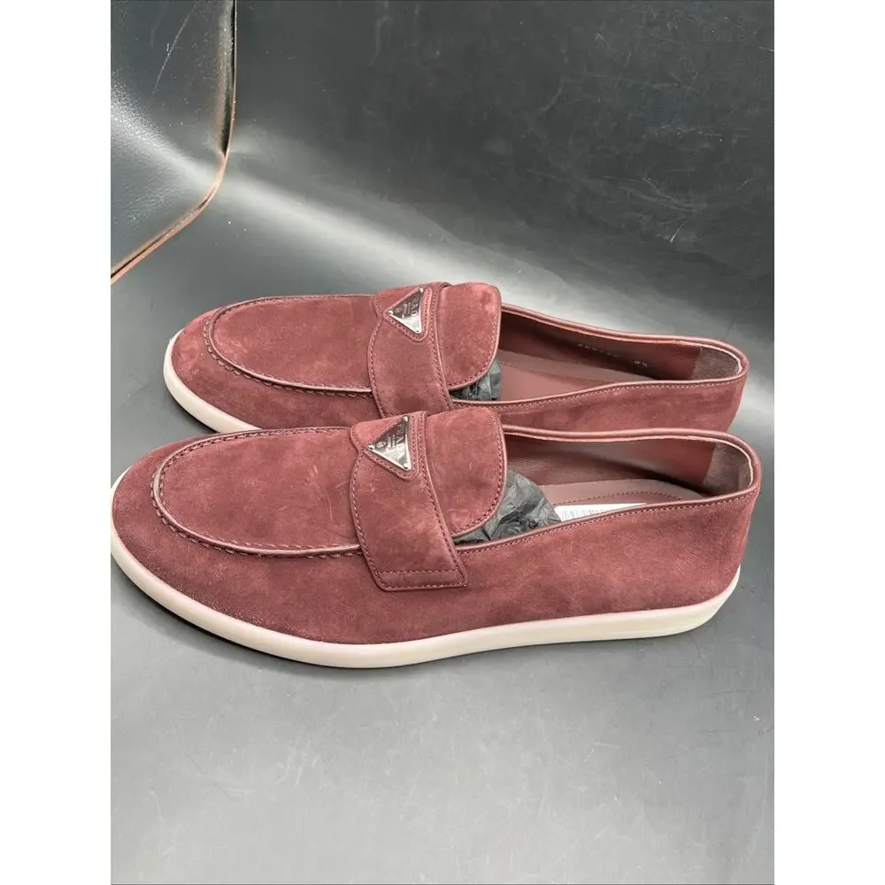 PRADA Suede Slip-On Loafers Logo Dress Shoes Men Prada Shoes Burgundy NWOTB READ